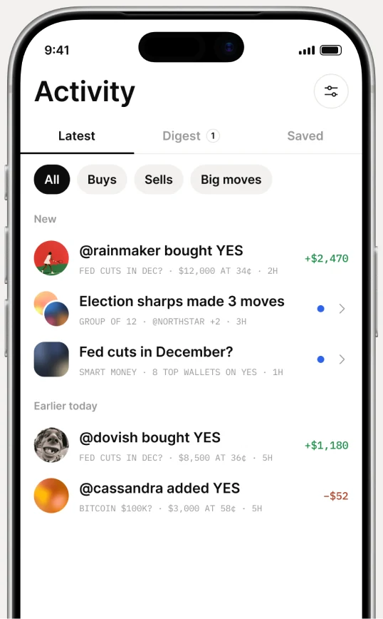 Activity feed with trades from followed traders